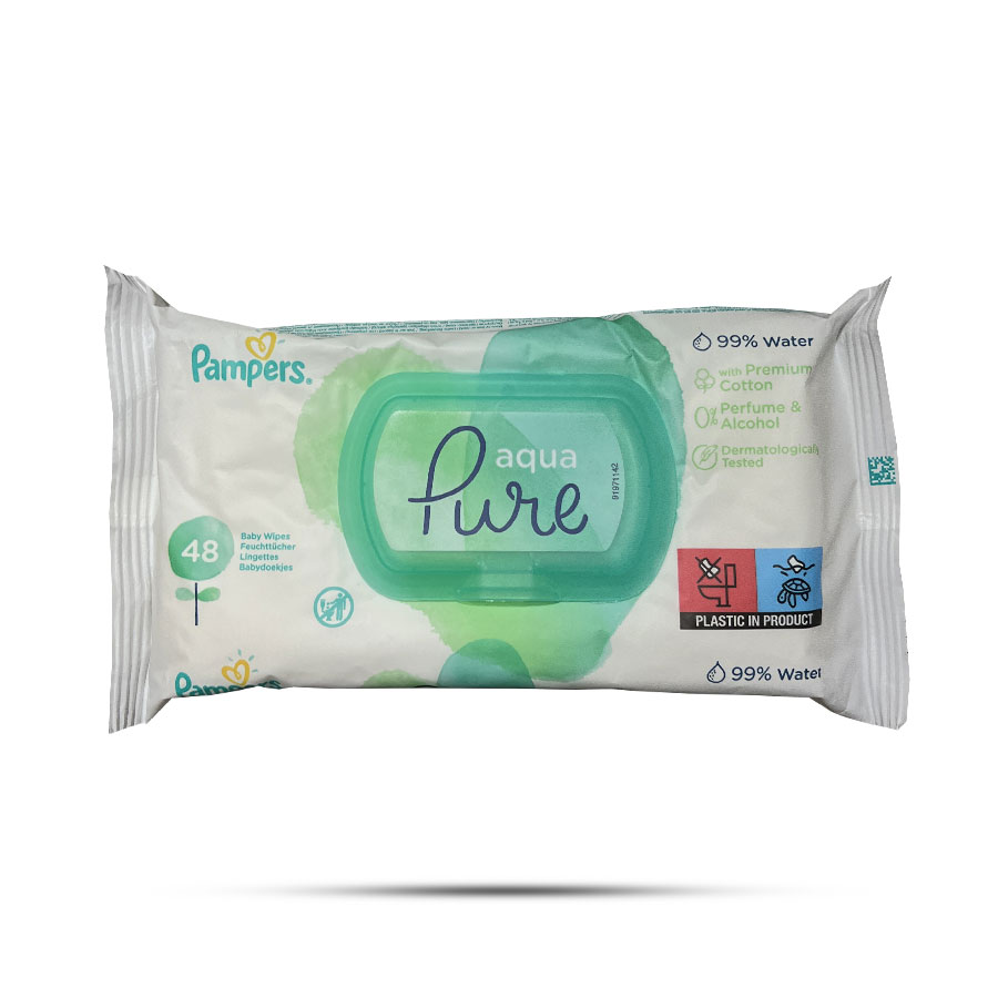 دستمال مرطوب کودک پمپرز فاقد الکل مدل Aqua Pure بسته 48 عددی