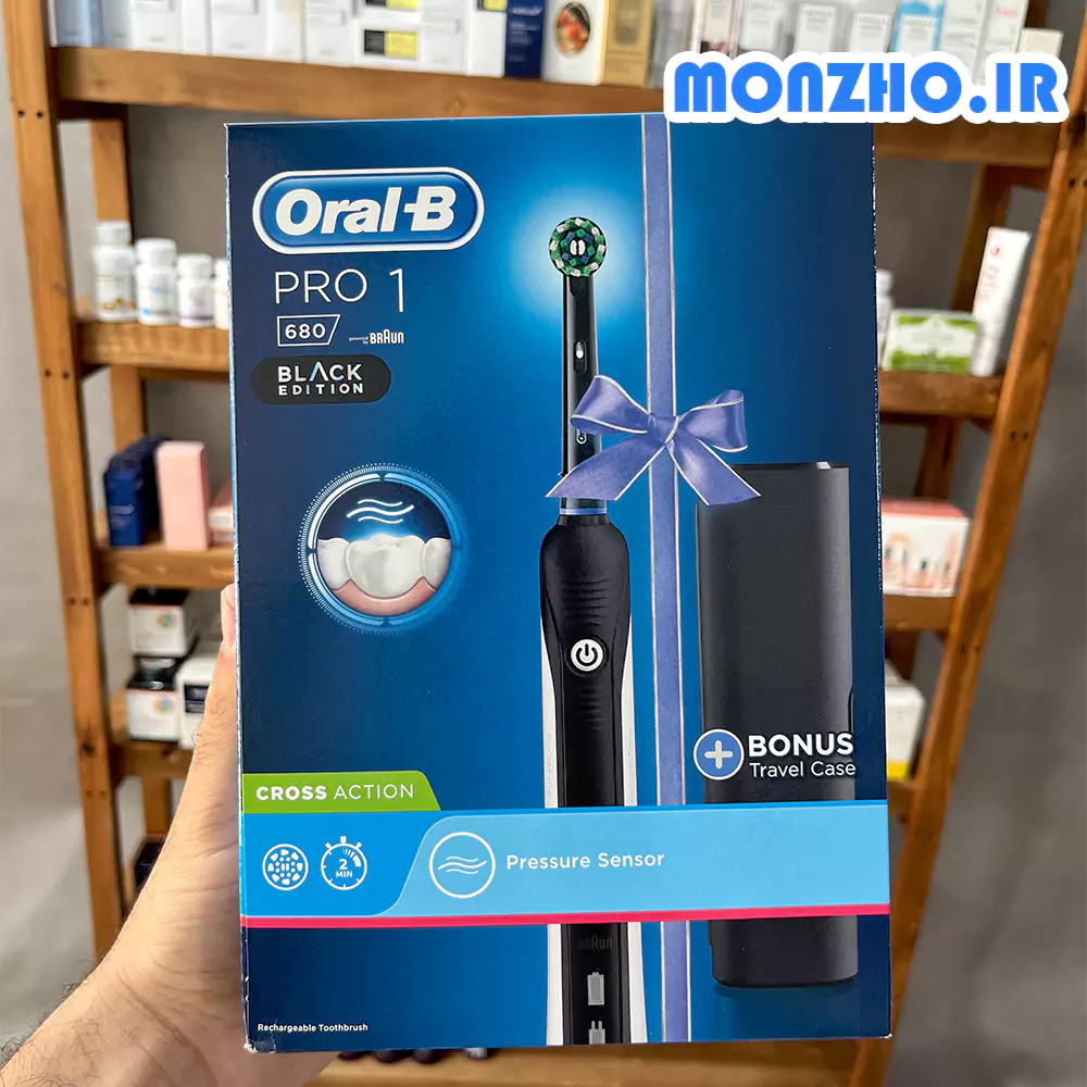 مسواک برقی اورال بی مدل PRO1 680 BLACK EDITION + کیف مسافرتی عکس از جلو